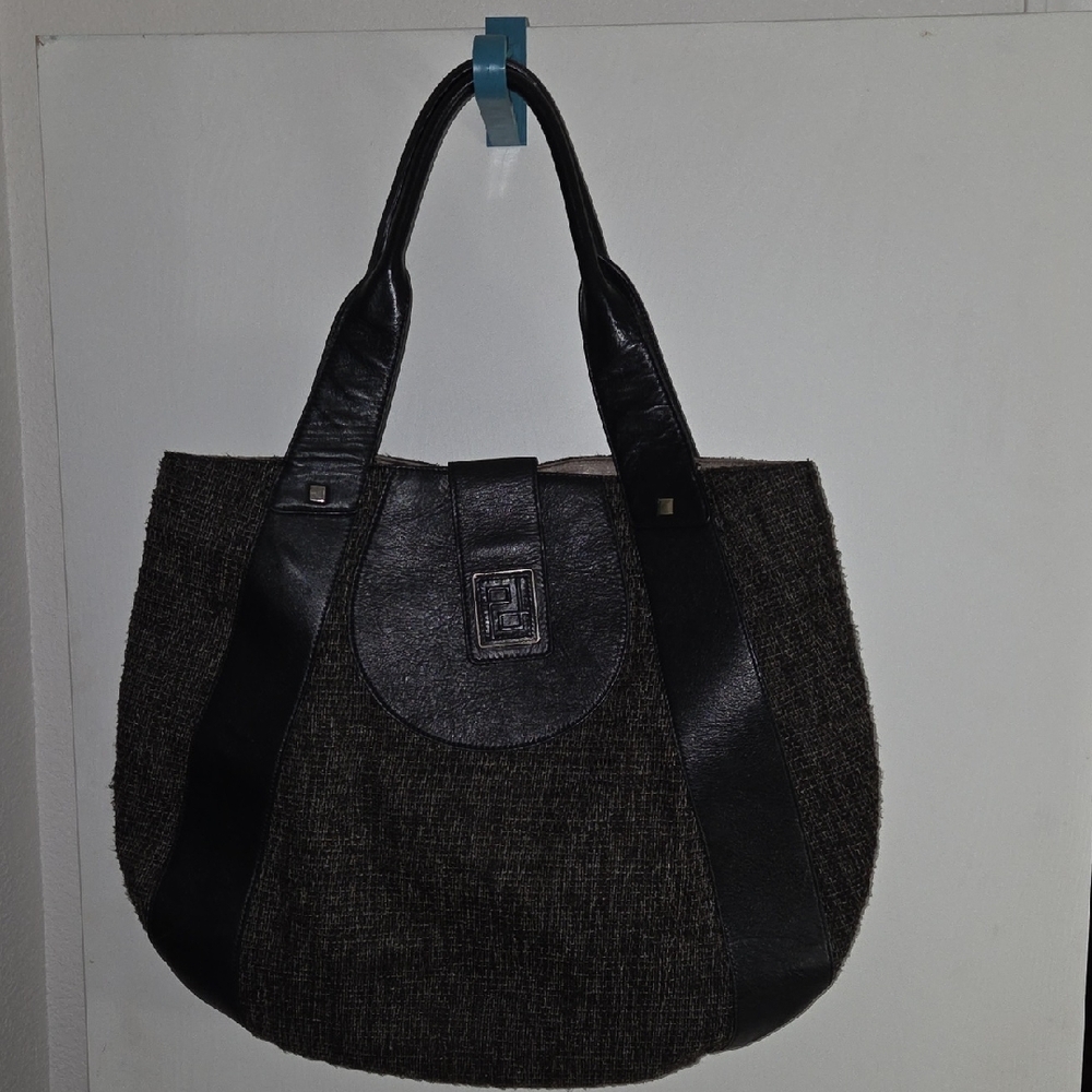 Textured Black Tote with Leather Accents